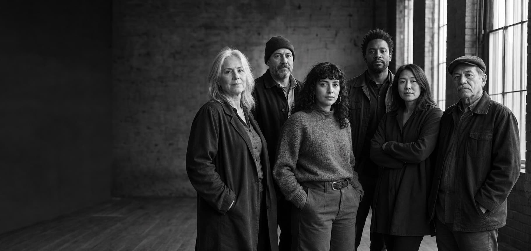 Six adults from different generations standing together and looking directly at the camera